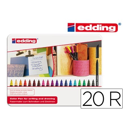 Rotulador edding punta fibra 1200 caja metalica 20 unidades colores surtidos punta redonda 0,5 mm