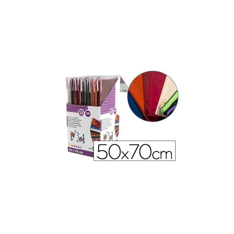 Papel celofan liderpapel 50x70 cm expositor de 56 bolsas de 5 hojas 8 colores surtidos