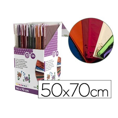 Papel celofan liderpapel 50x70 cm expositor de 56 bolsas de 5 hojas 8 colores surtidos