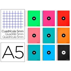 Cuaderno espiral a5 micro antartik tapa forrada120h 90gr cuadro 5mm 5 bandas 6 taladros colores surtidos