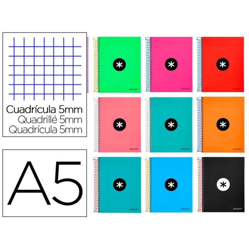 Cuaderno espiral a5 micro antartik tapa forrada120h 90gr cuadro 5mm 5 bandas 6 taladros colores surtidos Cuaderno espiral a5 micro antartik tapa forrada120h 90gr cuadro 5mm 5 bandas 6 taladros colores surtidos