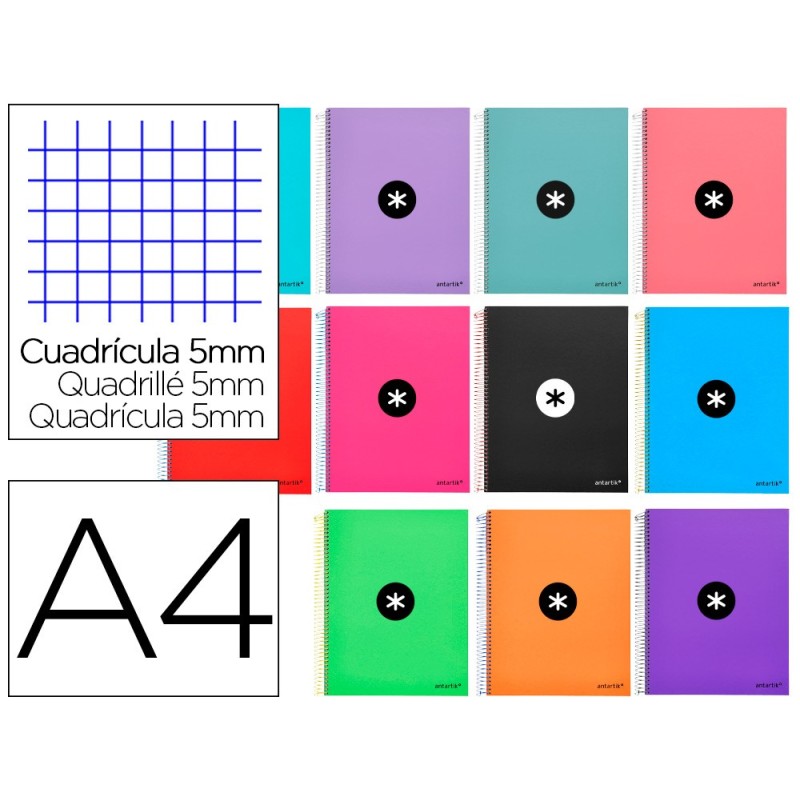 Cuaderno espiral a4 micro antartik tapa forrada 120h 90 gr cuadro 5mm 5 bandas 4 taladros colores surtidos Cuaderno espiral a4 micro antartik tapa forrada 120h 90 gr cuadro 5mm 5 bandas 4 taladros colores surtidos