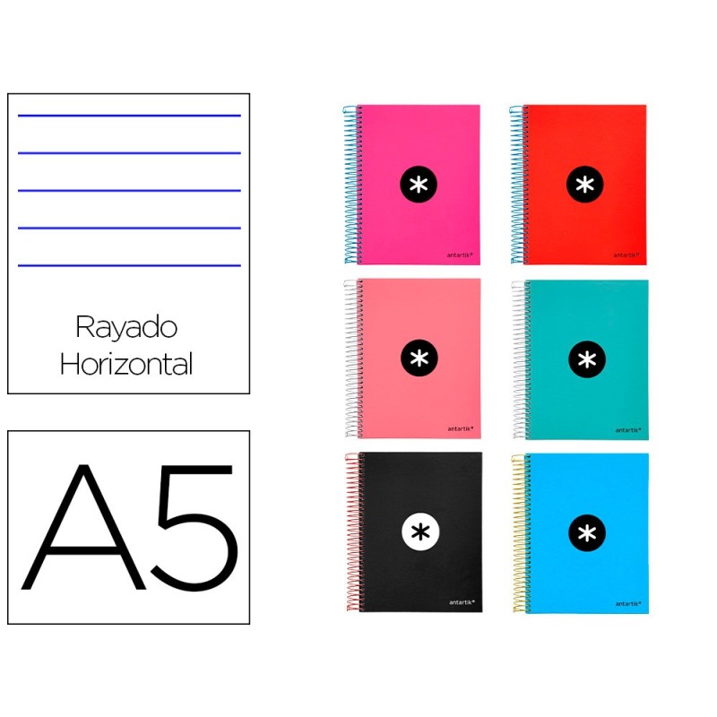 Cuaderno espiral a5 micro antartik tapa forrada 120 h 100g horizontal 5 bandas6 taladros colores surtidos Cuaderno espiral a5 micro antartik tapa forrada 120 h 100g horizontal 5 bandas6 taladros colores surtidos