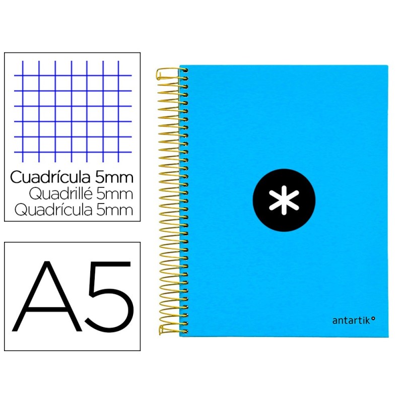 Cuaderno espiral a5 micro antartik tapa forrada120h 90 gr cuadro 5mm 5 bandas6 taladros color azul Cuaderno espiral a5 micro antartik tapa forrada120h 90 gr cuadro 5mm 5 bandas6 taladros color azul