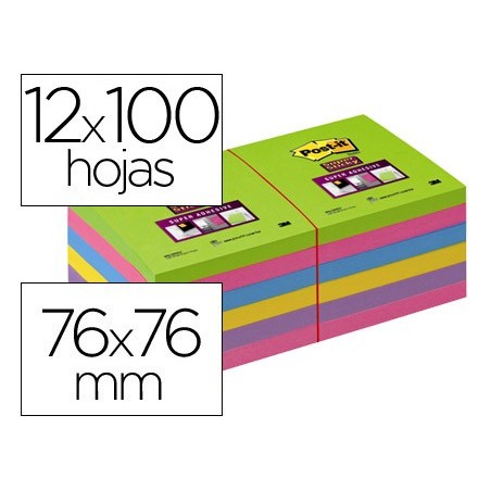 Bloc de notas adhesivas quita y pon post-it super stick ultra 76x76 mm pack de 12 bloc verde rosa amarilla