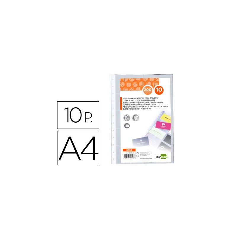 Recambio fundas liderpapel din a4 para tarjetero bolsa de 10 hojas capacidad 20 tarjetas por hoja Recambio fundas liderpapel din a4 para tarjetero bolsa de 10 hojas capacidad 20 tarjetas por hoja