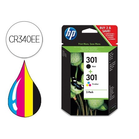 Ink jet hp 301 pack con tinta negra y tinta tricolor 1000/1001 3000/ 3050/3050se/3050ve 1050a/2050a/2054a/3050a