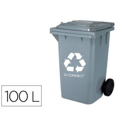 Papelera contenedor q-connect plastico gris para desechos en general 100 l con tapa y ruedas 750x470x370 mm