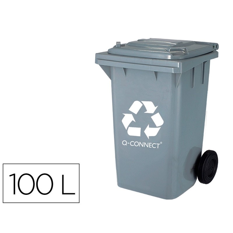 Papelera contenedor q-connect plastico gris para desechos en general 100 l con tapa y ruedas 750x470x370 mm