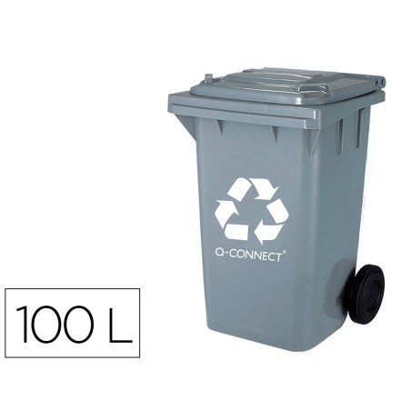 Papelera contenedor q-connect plastico gris para desechos en general 100 l con tapa y ruedas 750x470x370 mm