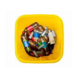 Papelera contenedor q-connect plastico amarillo para plasticos y envases metalicos 100l con tapa y ruedas 750x470x370 mm