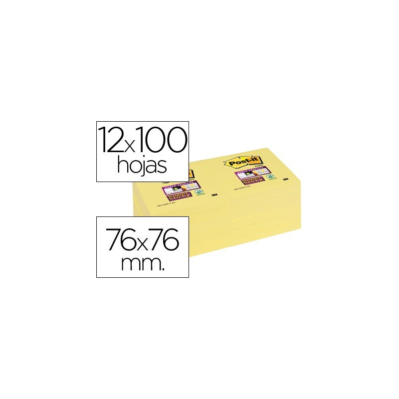 Bloc de notas adhesivas quita y pon post-it super sticky 76x76 mm con 12 bloc amarillo canario