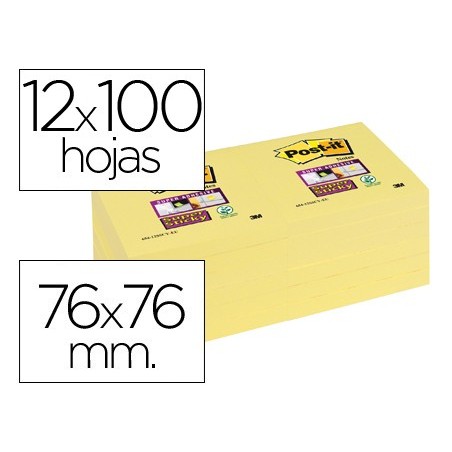 Bloc de notas adhesivas quita y pon post-it super sticky 76x76 mm con 12 bloc amarillo canario