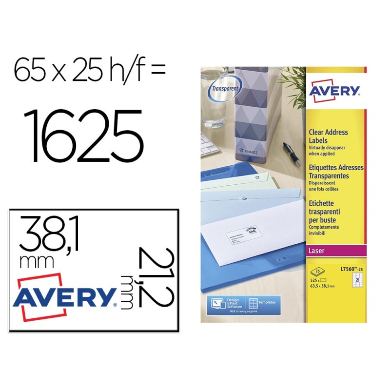 Etiqueta adhesivas resistente avery transparente 38,1x21,2 mm caja de 1625 unidades Etiqueta adhesivas resistente avery transparente 38,1x21,2 mm caja de 1625 unidades