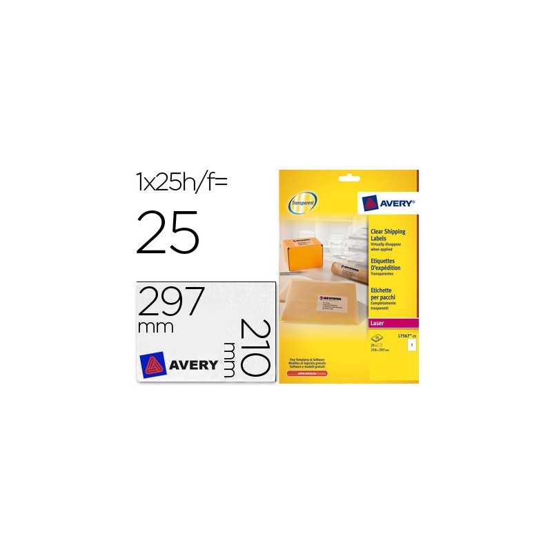Etiqueta adhesivas resistente avery transparente 210x297 mm caja de 25 unidades Etiqueta adhesivas resistente avery transparente 210x297 mm caja de 25 unidades