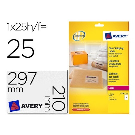 Etiqueta adhesivas resistente avery transparente 210x297 mm caja de 25 unidades
