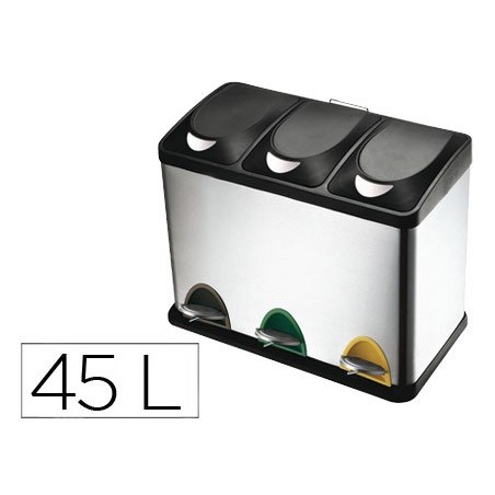 Papelera contenedor q-connect metalica con tapadera de plastico y pedal 3 depositos 45l 605x340x485 mm