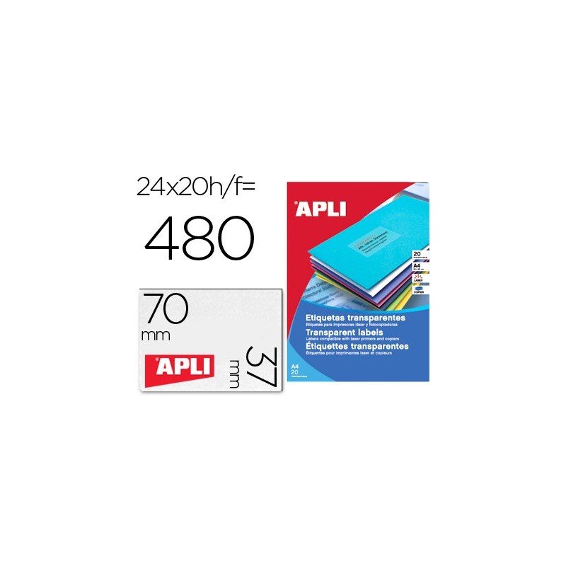 Etiqueta adhesiva apli 1224 transparentes tamaño 70x37 mm para fotocopiadora laser caja 20 hojas con 480 etiquetas