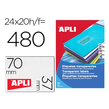Etiqueta adhesiva apli 1224 transparentes tamaño 70x37 mm para fotocopiadora laser caja 20 hojas con 480 etiquetas