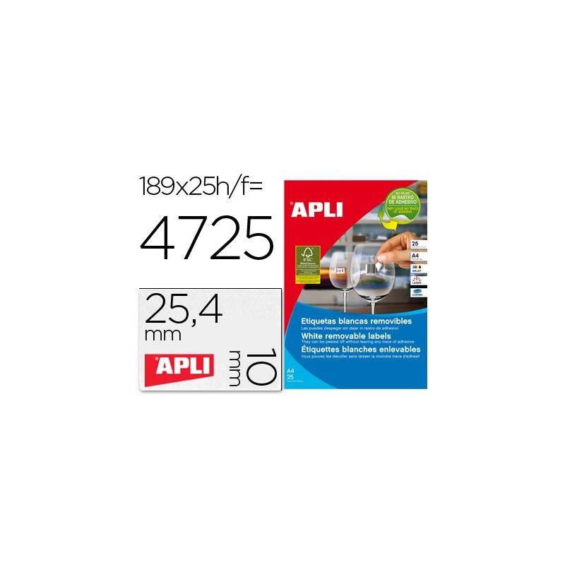Etiqueta adhesivas apli 10198 tamaño 25,4x10 mm removible para fotocopiadora laser ink-jet caja 25 hojas con