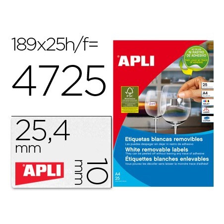 Etiqueta adhesivas apli 10198 tamaño 25,4x10 mm removible para fotocopiadora laser ink-jet caja 25 hojas con