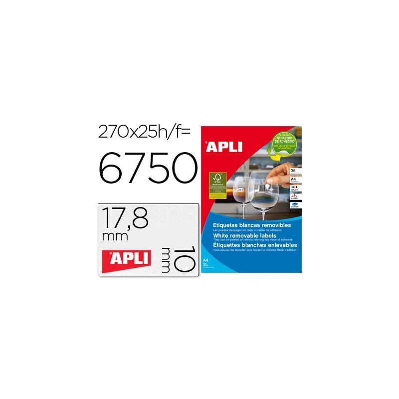 Etiqueta adhesivas apli 10197 tamaño 17,8x10 mm removible para fotocopiadora laser ink-jet caja 25 hojas con