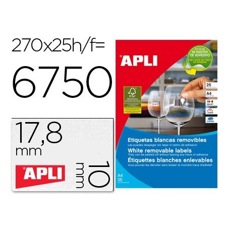 Etiqueta adhesivas apli 10197 tamaño 17,8x10 mm removible para fotocopiadora laser ink-jet caja 25 hojas con
