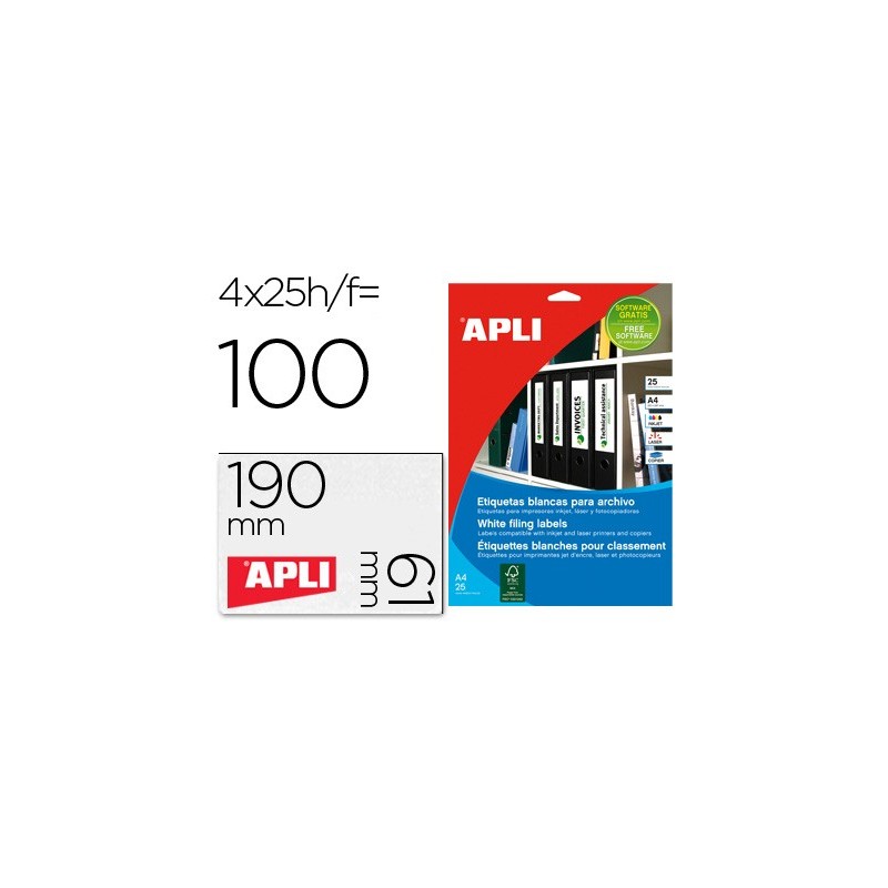 Etiqueta adhesiva apli 1233 tamaño 190x61 mm para fotocopiadora laser ink-jet caja 25 hojas con 100