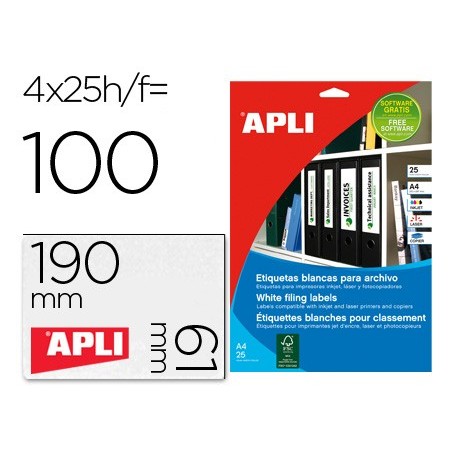 Etiqueta adhesiva apli 1233 tamaño 190x61 mm para fotocopiadora laser ink-jet caja 25 hojas con 100