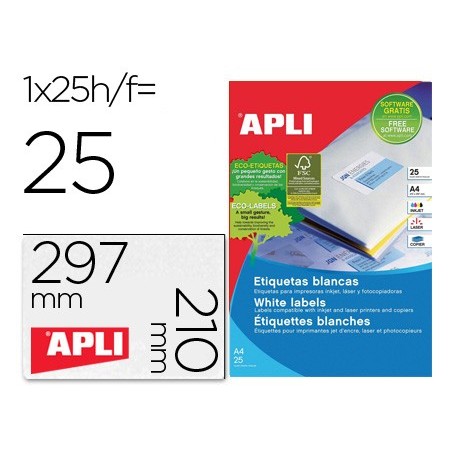 Etiqueta adhesiva apli 1215 210x297 mm para fotocopiadora laser ink-jet caja con 25 hojas