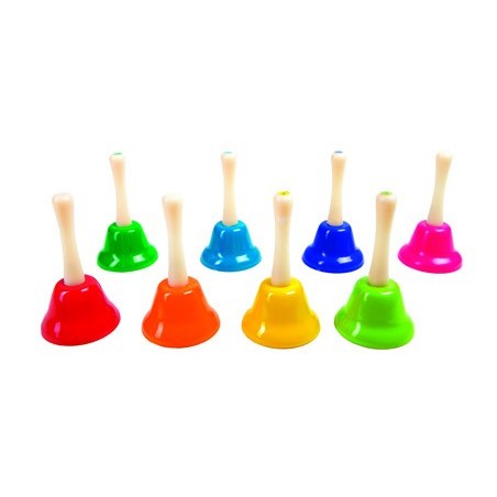 Campanita pequeña amaya de mano con mango tradicional escala diatonica set de 8 unidades colores surtidos
