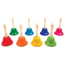 Campanita pequeña amaya de mano con mango tradicional escala diatonica set de 8 unidades colores surtidos