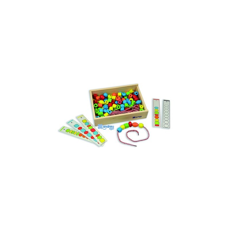 Juego andreutoys formas para ensartar  10 cordones  10 plantillas caja de 150 unidades surtidas
