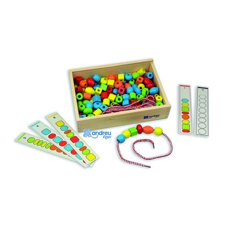 Juego andreutoys formas para ensartar  10 cordones  10 plantillas caja de 150 unidades surtidas