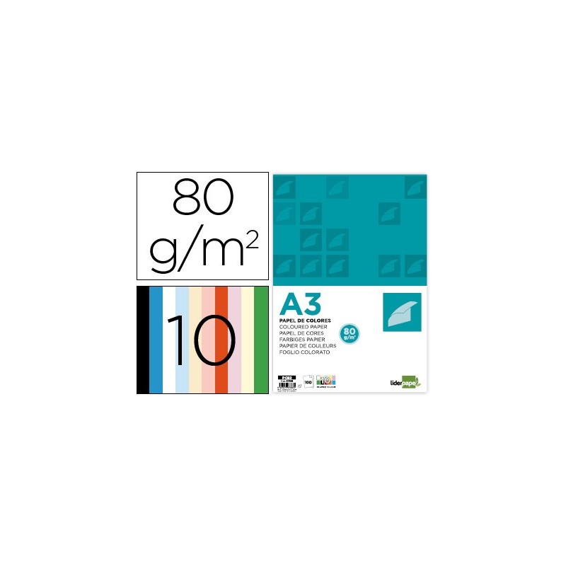 Papel color liderpapel a3 80gr 10 colores surtidos paquete 100 hojas