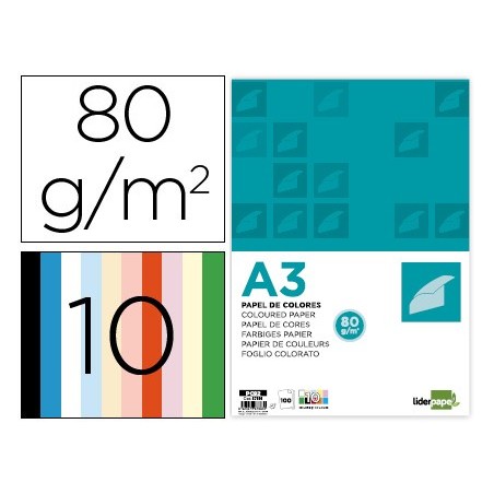 Papel color liderpapel a3 80gr 10 colores surtidos paquete 100 hojas
