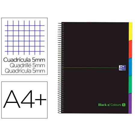 Cuaderno espiral oxford ebook 5 tapa extradura din a4 100 h con separadores cuadricula 5 mm black'n colors verde