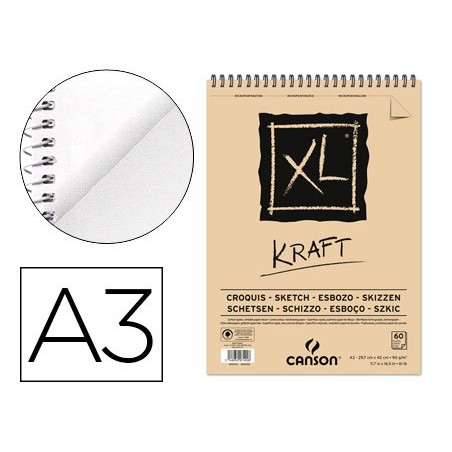 Bloc dibujo esbozo canson xl kraft din a3 kraft rayado beige espiral 29,7x42 cm 60 hojas 90 gr/m2