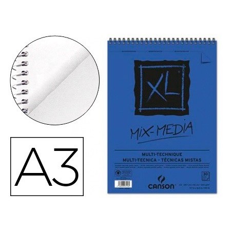 Bloc dibujo acuarela canson xl mix media grano medio din a3 microperforado espiral 29,7x42cm 30 hojas 300 gr/m2