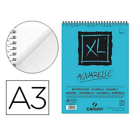 Bloc dibujo acuarela canson xl aquarelle grano fino din a3 microperforado espiral 29,7x42 cm 30 hojas 300 gr/m2