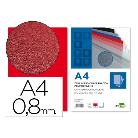 Tapa encuadernacion liderpapel polipropileno a4 0.8mm rojo opaco paquete de 50 unidades