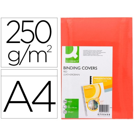 Tapa de encuadernacion q-connect carton din a4 rojo simil piel 250 gr caja de 100 unidades