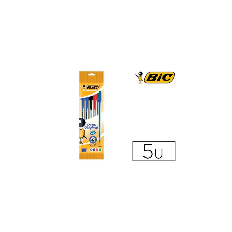 Boligrafo bic cristal original bolsa de 5 unidades colores surtidos 2 azul /1 negro /1 rojo /1 verde