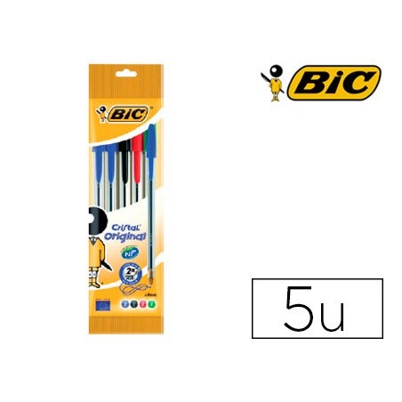 Boligrafo bic cristal original bolsa de 5 unidades colores surtidos 2 azul /1 negro /1 rojo /1 verde