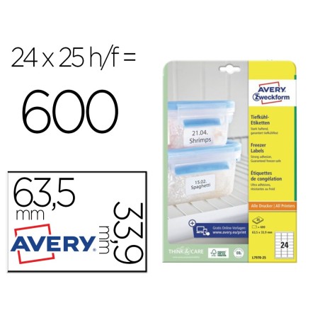 Etiqueta adhesiva avery para congelador blanca 63,5x33,9 mm ink-jet laser fotocopiadorapack de 600 unidades