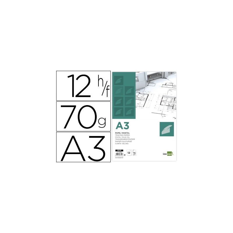 Papel dibujo liderpapel a3 297x420mm 70g/m2 vegetal sobre de 12 hojas