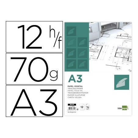 Papel dibujo liderpapel a3 297x420mm 70g/m2 vegetal sobre de 12 hojas