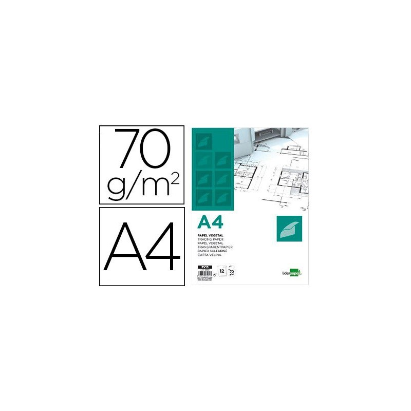 Papel dibujo liderpapel a4 210x297mm 70g/m2 vegetal sobre de 12 hojas