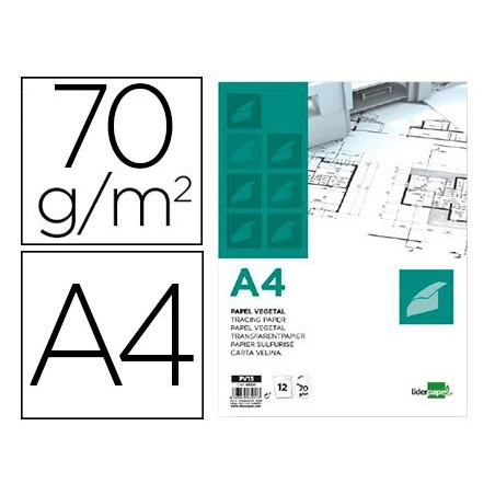 Papel dibujo liderpapel a4 210x297mm 70g/m2 vegetal sobre de 12 hojas