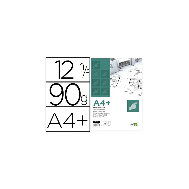 Papel dibujo liderpapel a4 320x240mm 90g/m2 vegetal sobre de 12 hojas